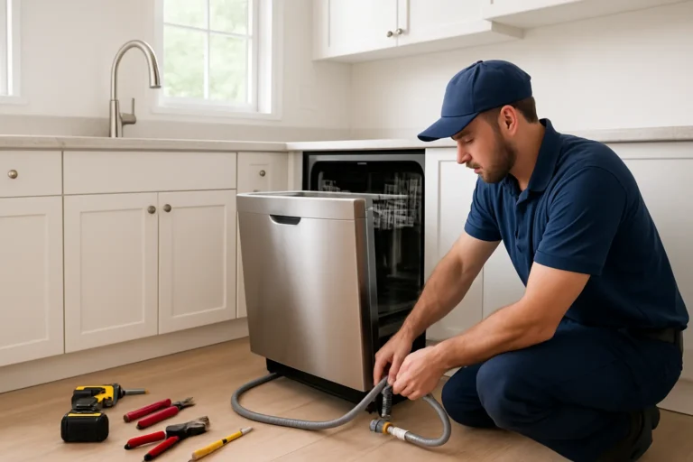 Technician installing a stainless dishwasher in a kitchen