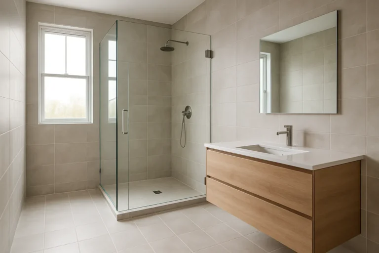 Modern remodeled bathroom with a frameless glass walk-in shower
