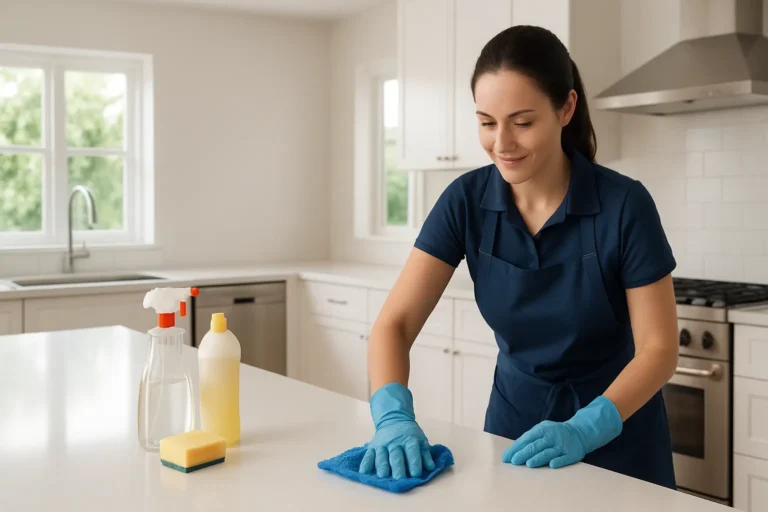 Professional cleaner wiping a kitchen counter in a bright home