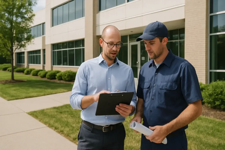 Facilities coordinator and technician reviewing a maintenance plan at a commercial building