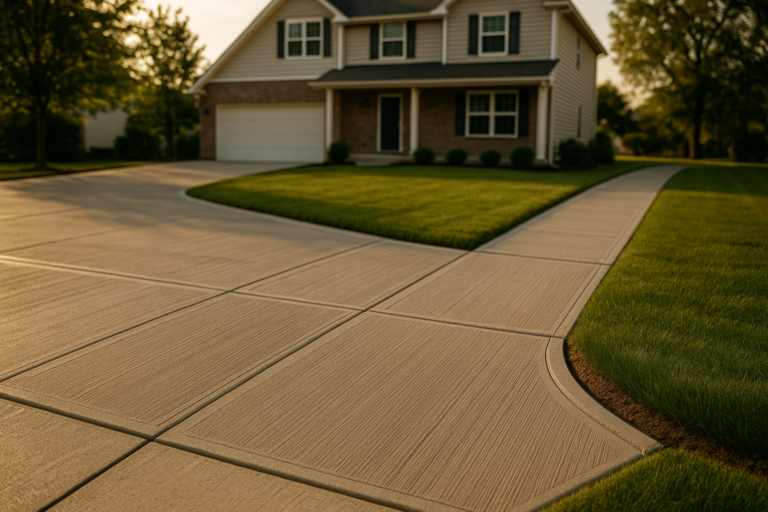 Finished concrete driveway and walkway at a Central Ohio home