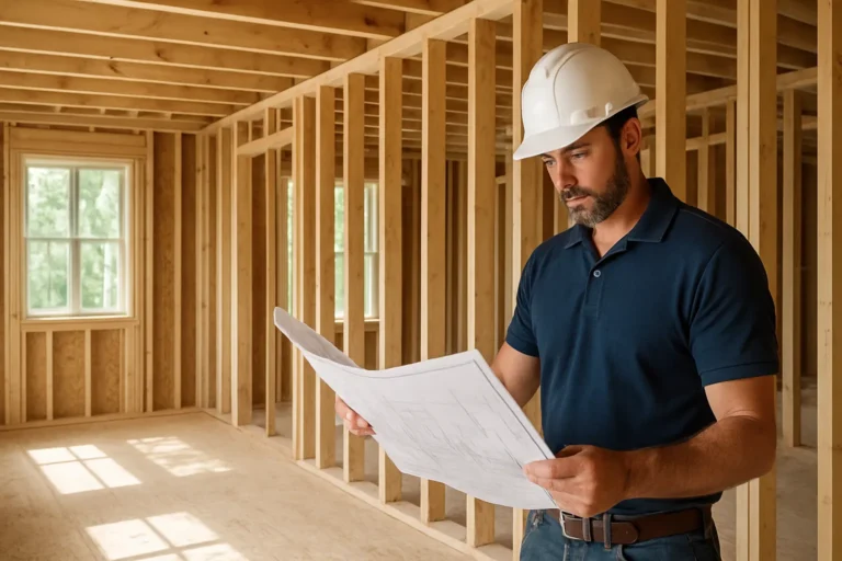 Contractor reviewing plans inside a residential remodel in progress