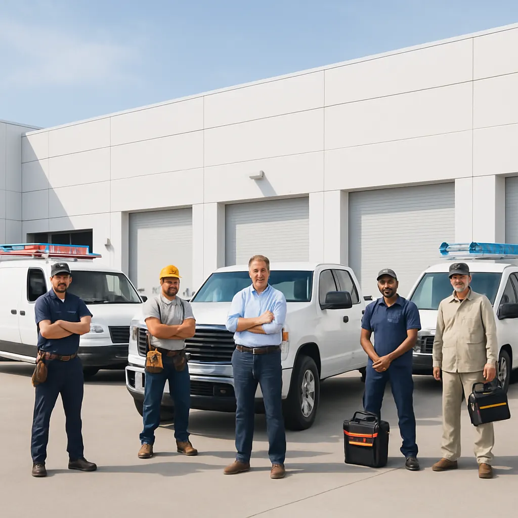 Service partner professionals with their vehicles at a facility