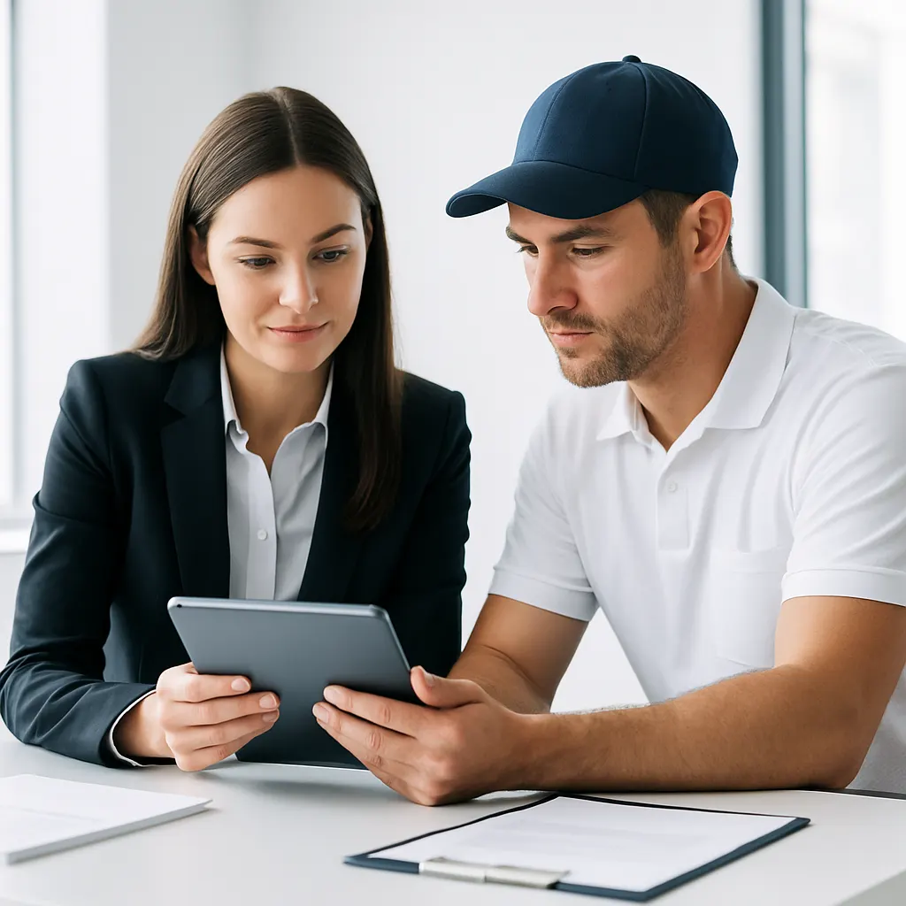 Business coordinator and trade professional reviewing partner standards