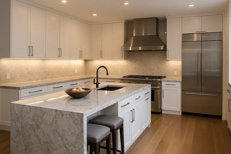 Modern white kitchen with a marble island, black faucet, and two barstools.