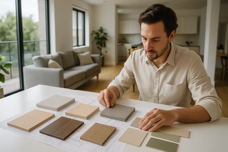Design consultant reviewing tile and flooring material samples