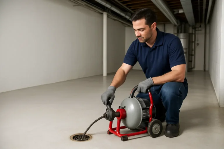 Technician operating a drain-cleaning machine in a home basement