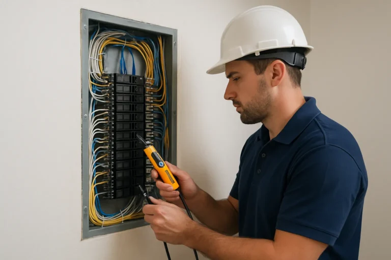 Electrician in a white hard hat uses a handheld multimeter to test wiring inside a wall-mounted electrical panel.