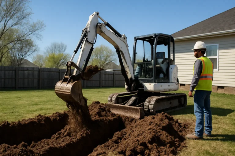 Compact excavator digging a utility trench in a residential yard