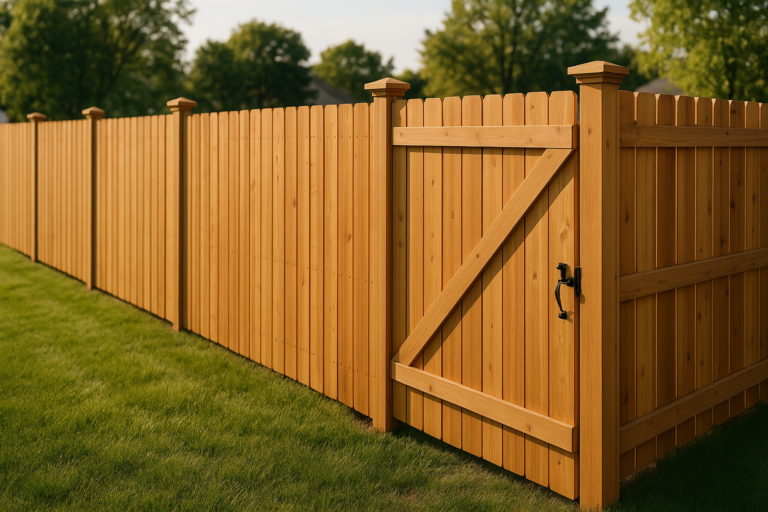 Completed cedar privacy fence and gate at a Central Ohio home