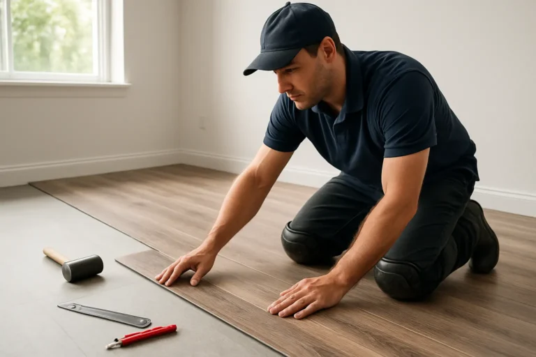 Installer laying luxury vinyl plank flooring in a bright room