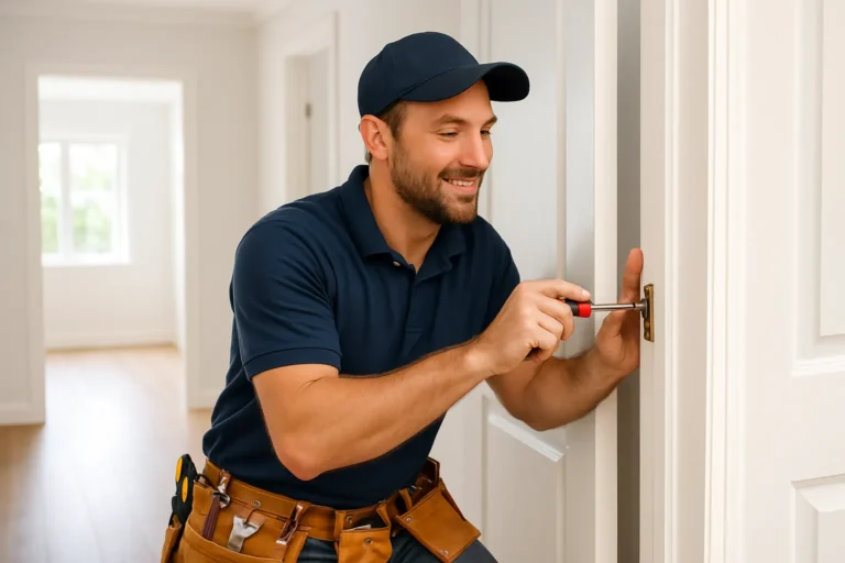 Handyman in a navy polo and cap installs a door handle using a screwdriver.