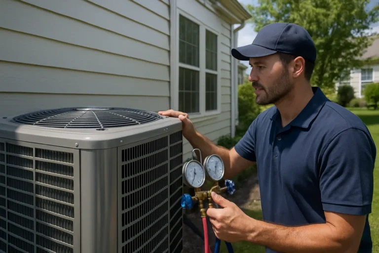HVAC technician inspecting a home air conditioning condenser with gauges