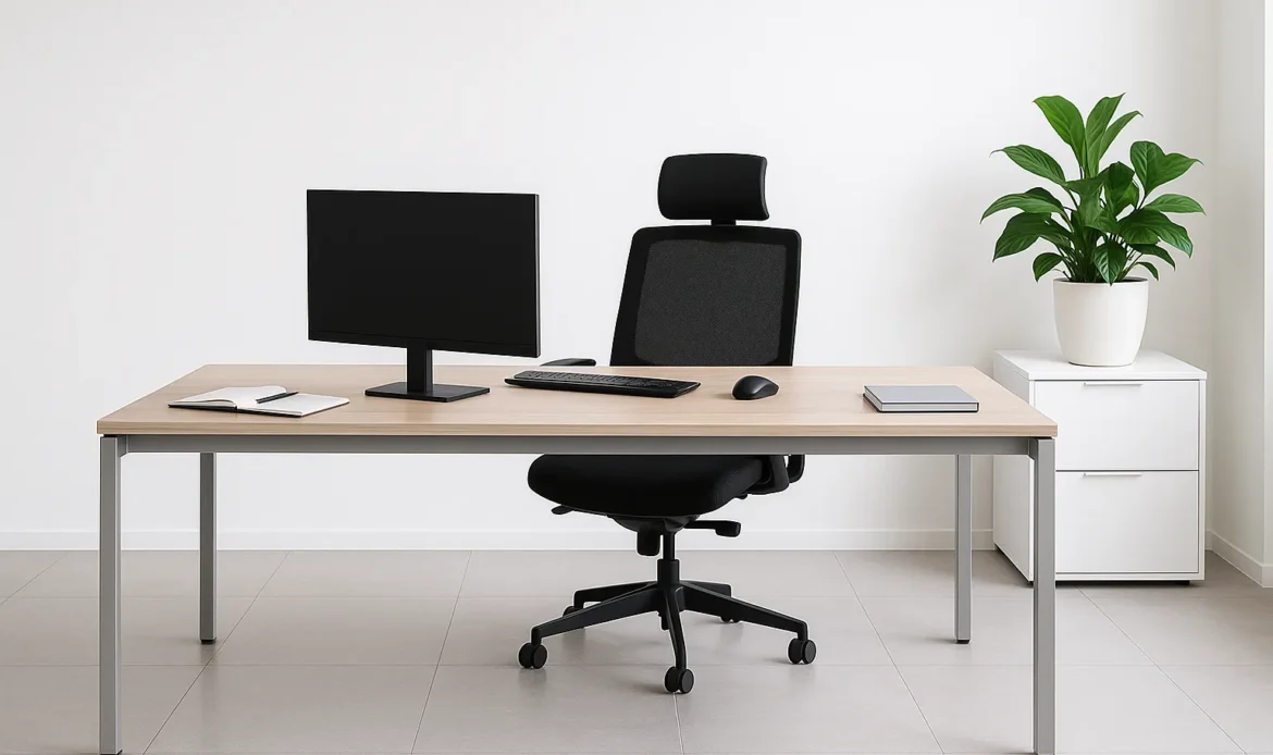 homepage-desktop-hero-concept-1 - Transit & Flow Group Modern home office with a wooden desk, black ergonomic chair, monitor, keyboard, mouse, notebook and a potted plant on a white cabinet to the right
