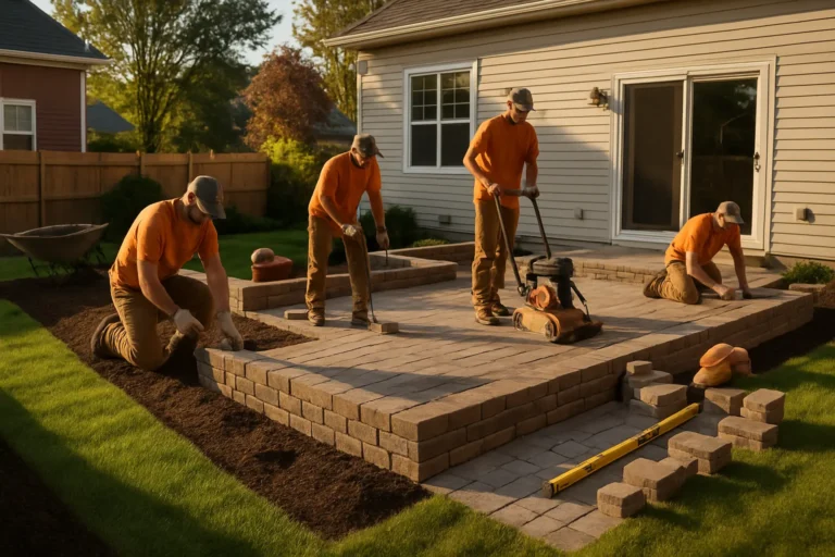 Five workers in orange shirts install a stone patio in a residential backyard.