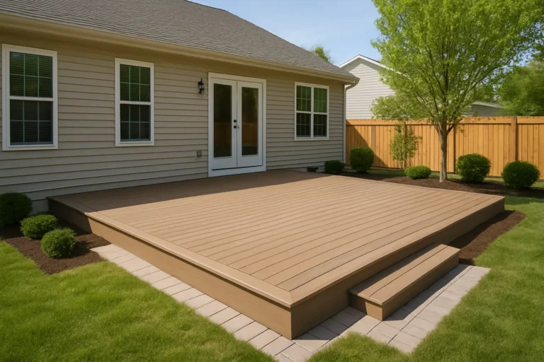 Finished backyard composite deck and landscaping at a suburban home