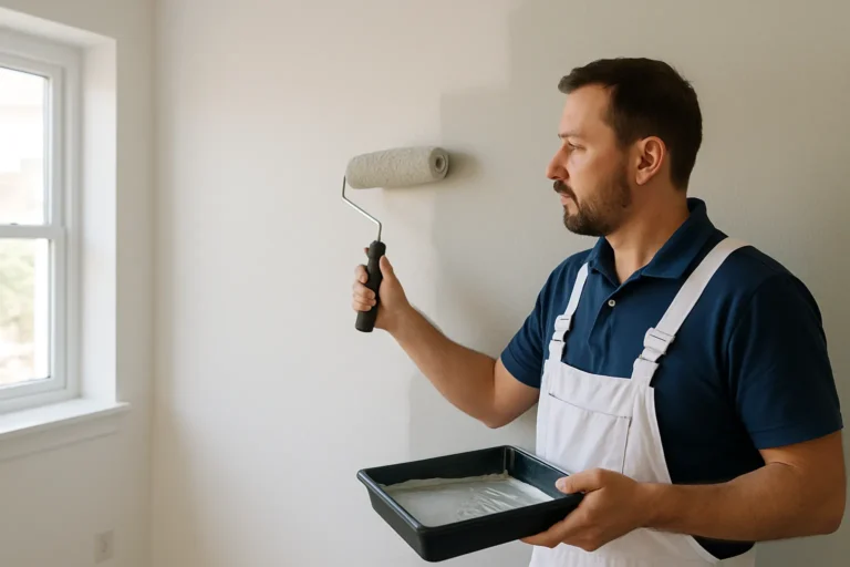 Man in a blue shirt and white apron paints a wall with a roller, holding a black paint tray filled with white paint.