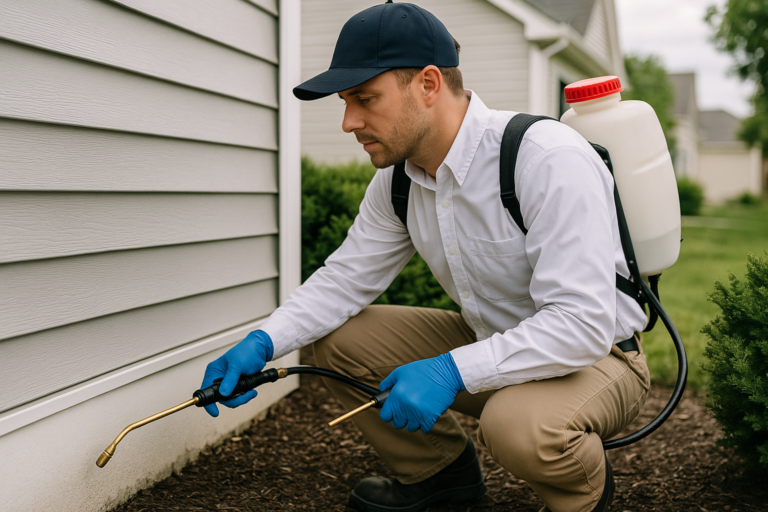 Licensed pest control technician applying a perimeter treatment at a Central Ohio home