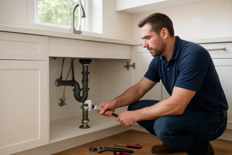Plumber repairing an under-sink water line in a Central Ohio home