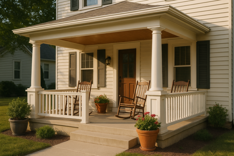 Finished covered front porch with columns on a Central Ohio home