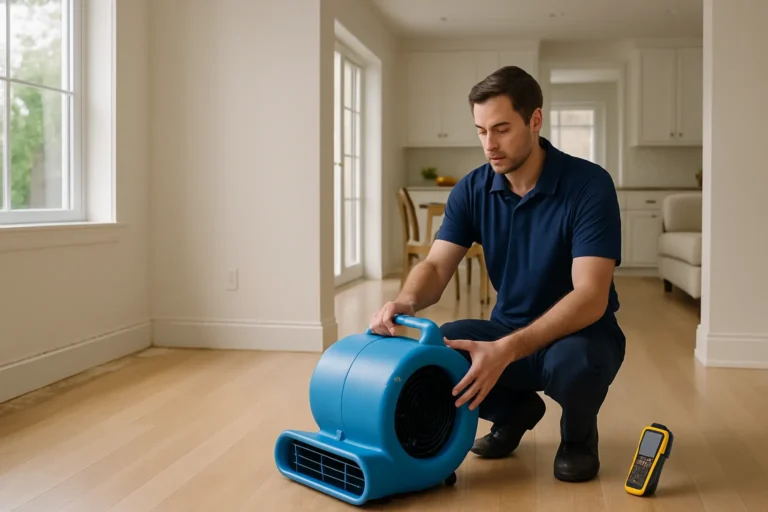 Restoration technician placing drying equipment in a home interior