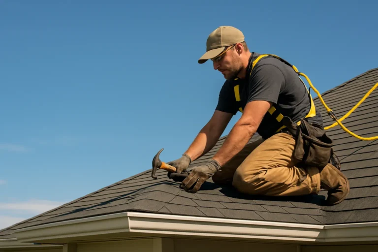 Roofer installing shingles on a Central Ohio home under blue sky