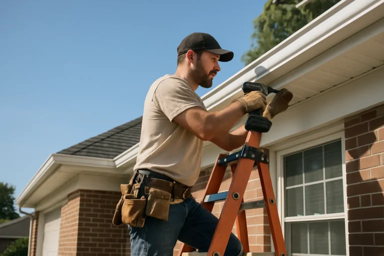 Worker installing seamless gutters on a suburban home