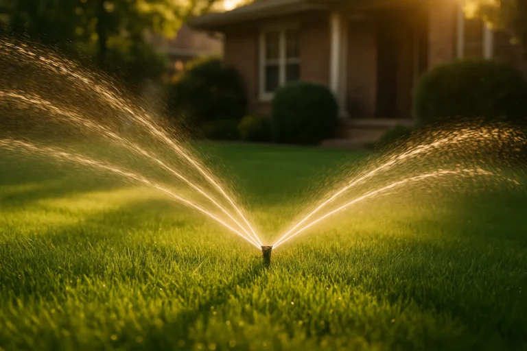 Lawn sprinkler sending two curved streams of water across a sunlit green yard in front of a brick house.