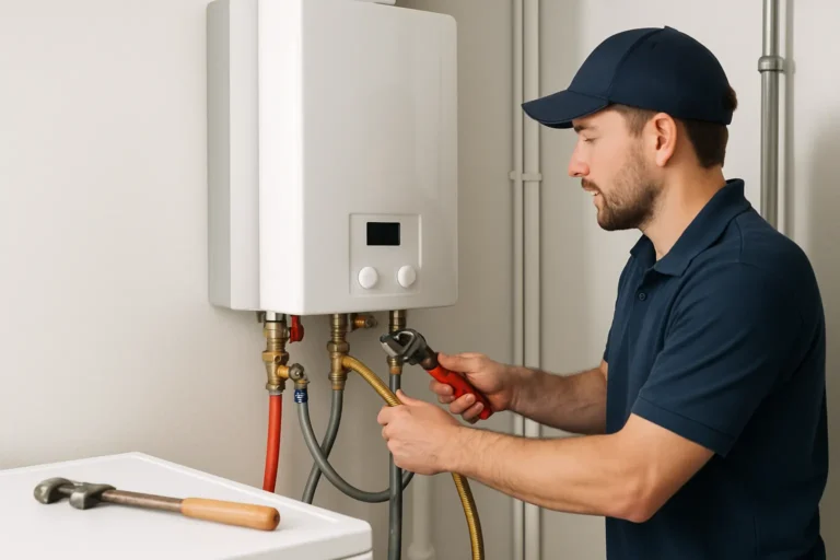 Plumber installing a tankless water heater in a Central Ohio home