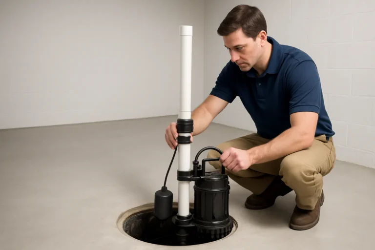 Technician installing a sump pump in a home basement sump pit