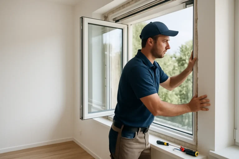 Installer fitting a new energy-efficient window in a home