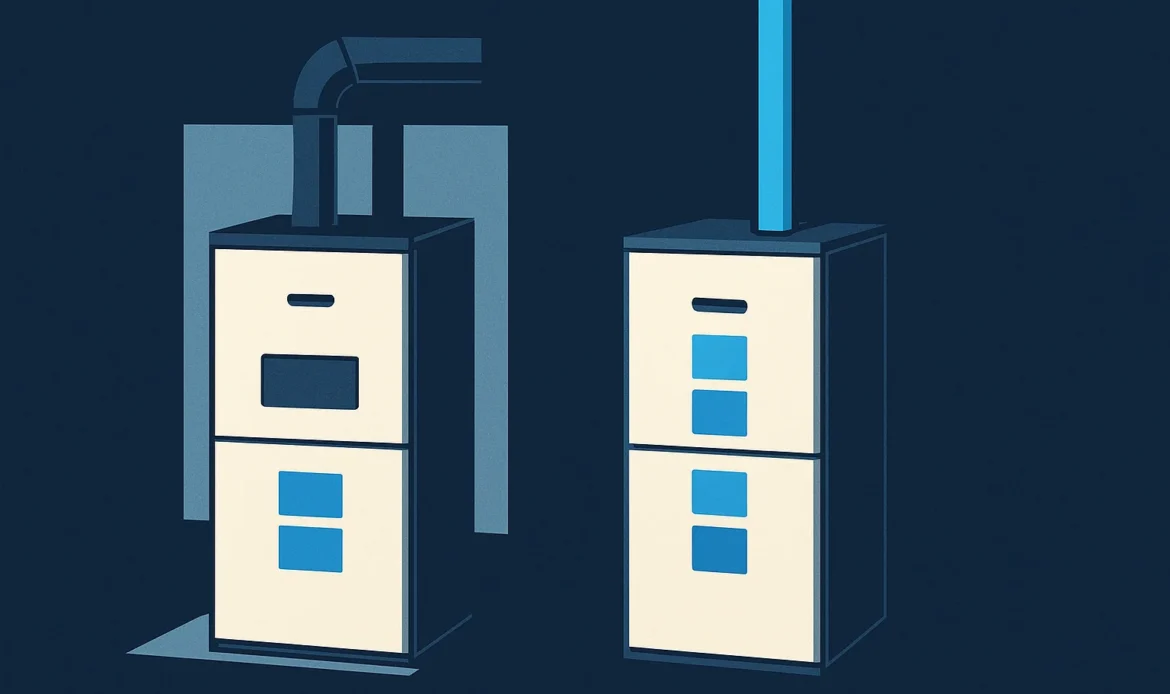 Illustration of two furnace cabinets side by side with contrasting flue configurations and efficiency indicated as stacked blocks.