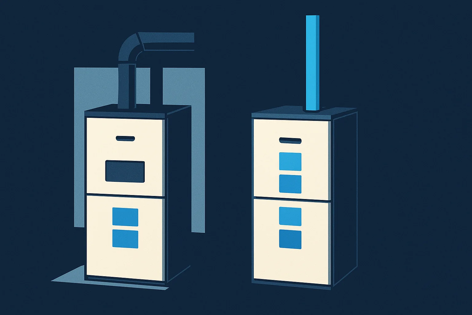 Illustration of two furnace cabinets side by side with contrasting flue configurations and efficiency indicated as stacked blocks.