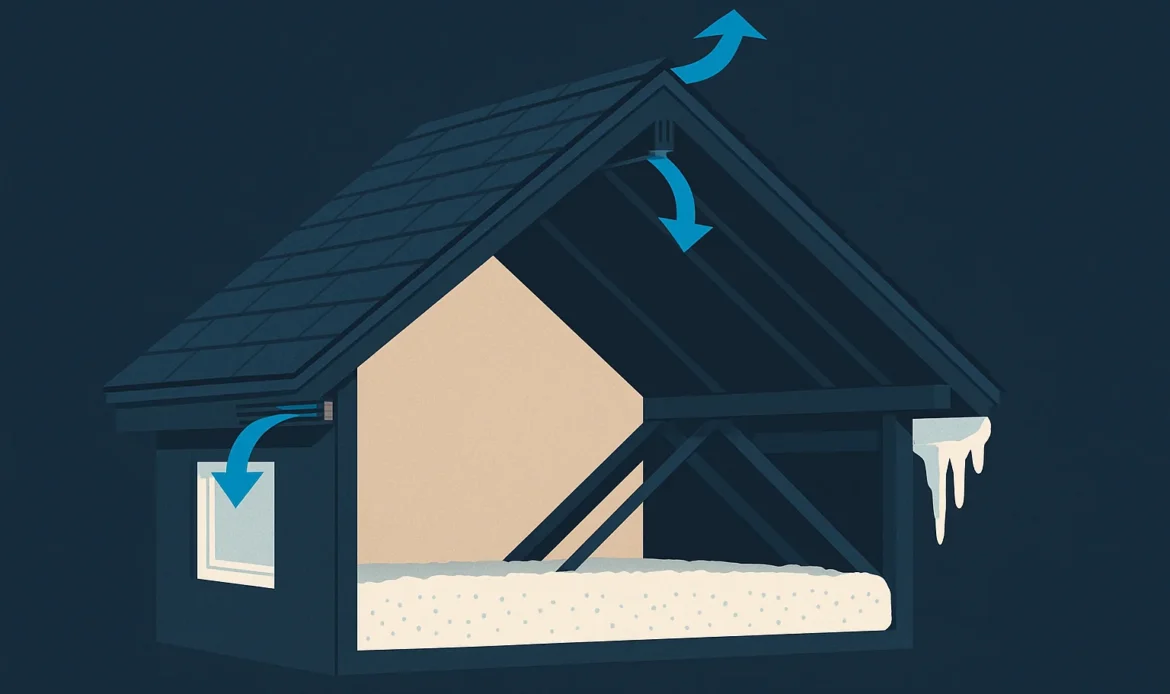 Illustration of a cutaway attic showing soffit intake vents, ridge exhaust, insulation depth, and ice forming at the eave.