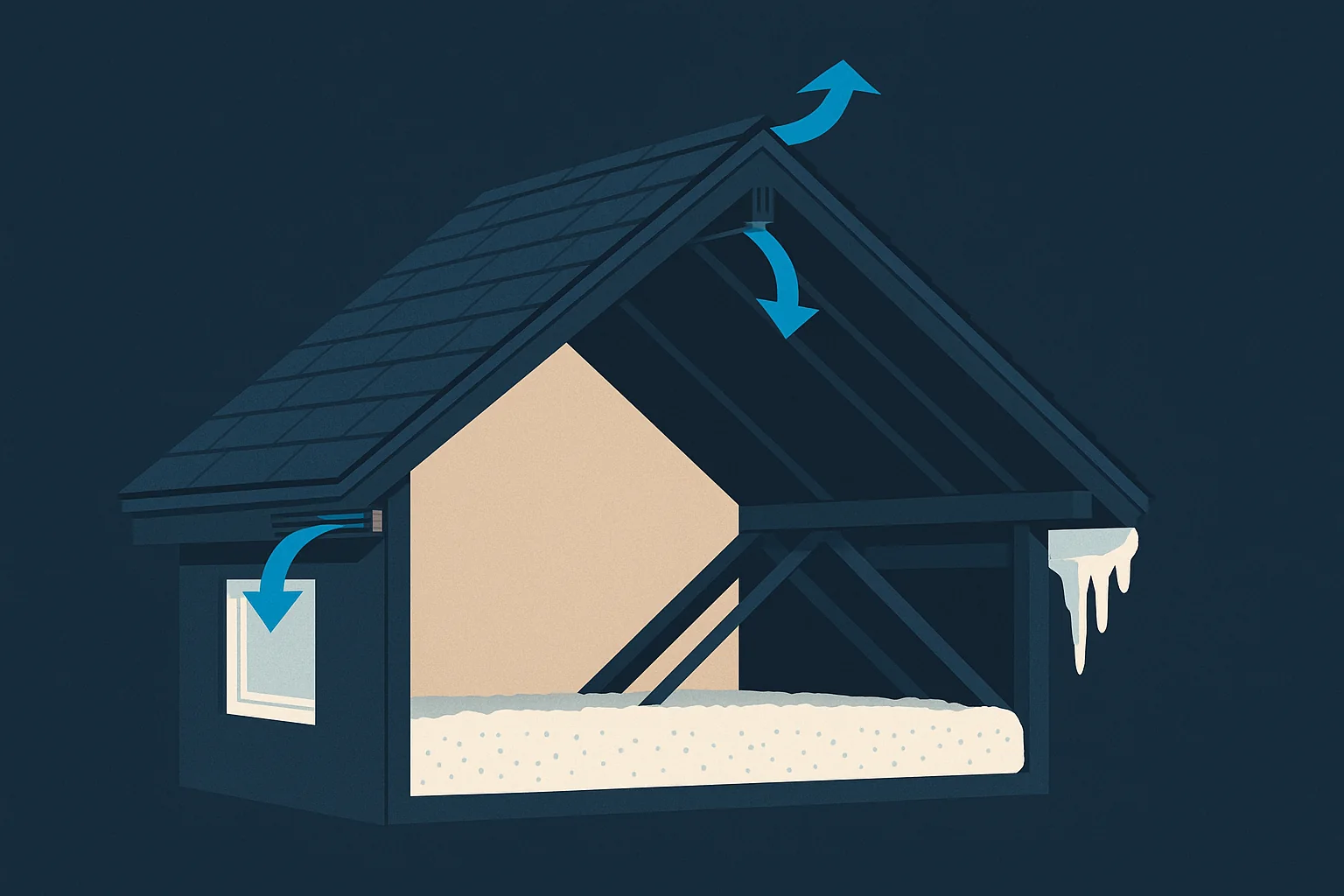 Illustration of a cutaway attic showing soffit intake vents, ridge exhaust, insulation depth, and ice forming at the eave.