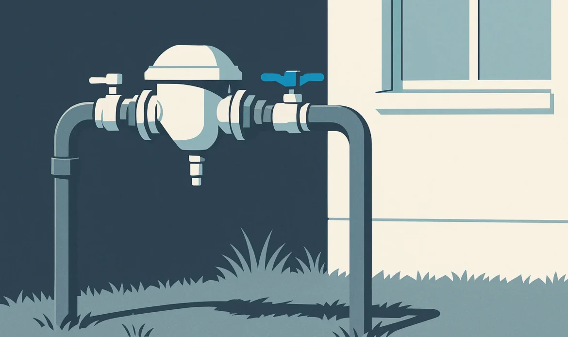 Illustration of a backflow preventer assembly on an irrigation supply line above grade.