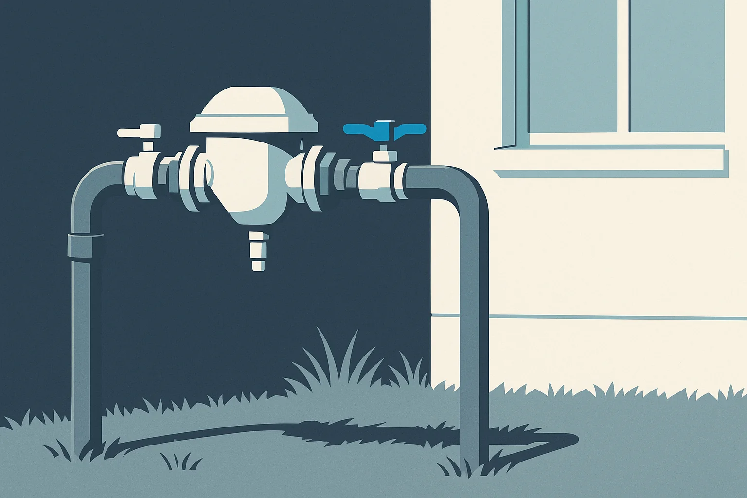 Illustration of a backflow preventer assembly on an irrigation supply line above grade.