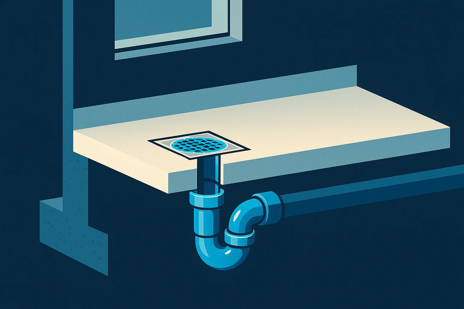 Illustration of a basement slab cutaway with a floor drain, its trap, and the lateral it connects to.