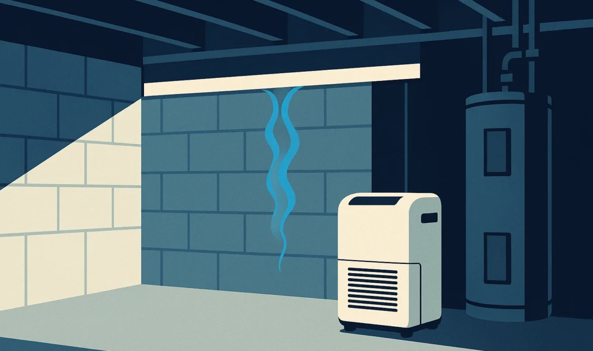 Illustration of a basement utility room with a dehumidifier, sealed rim joist, and a moisture path at the wall.