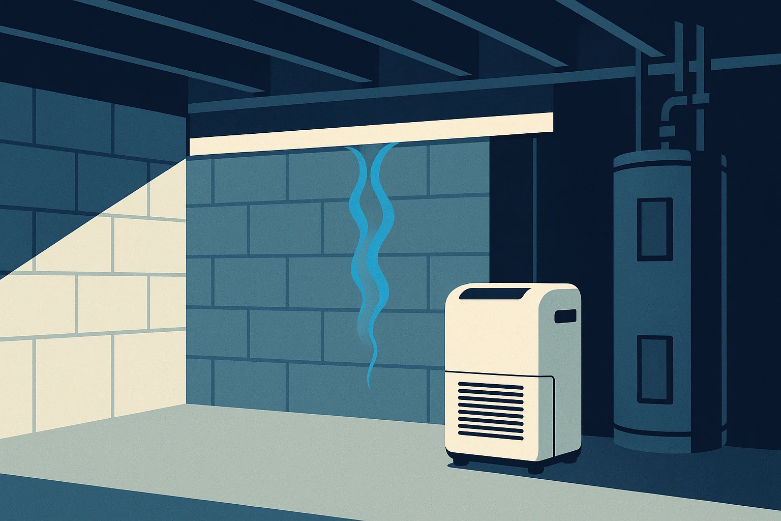 Illustration of a basement utility room with a dehumidifier, sealed rim joist, and a moisture path at the wall.