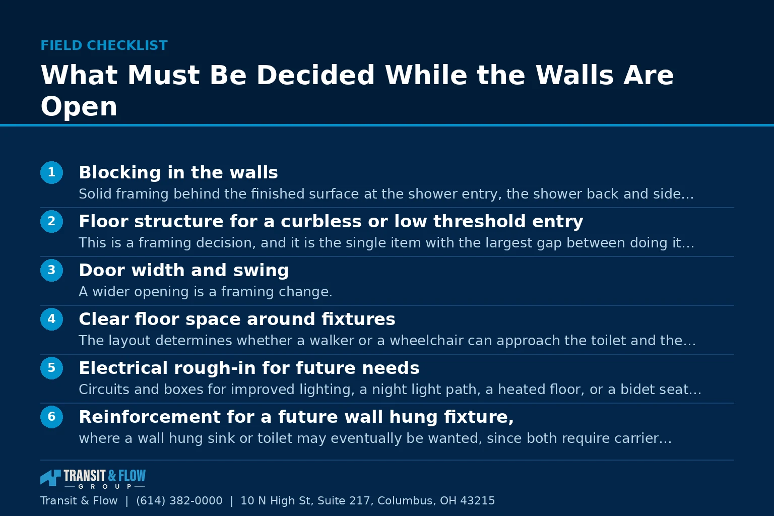 Checklist graphic summarizing What Must Be Decided While the Walls Are Open. - Transit & Flow Group Checklist graphic summarizing What Must Be Decided While the Walls Are Open.