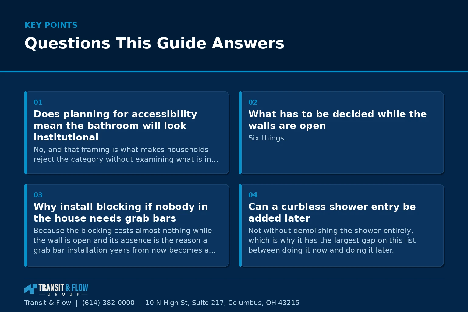 Summary panel listing common questions this guide answers. - Transit & Flow Group Summary panel listing common questions this guide answers.
