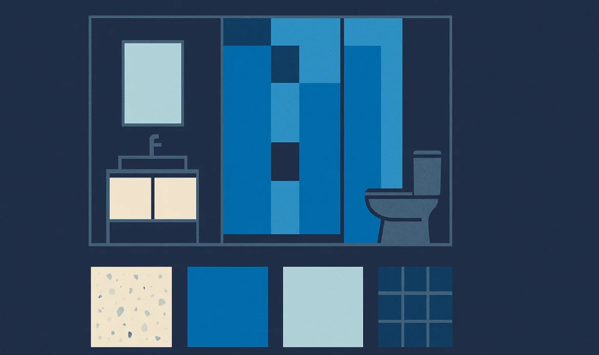 Illustration of a bathroom elevation with cost zones as blocks and material samples arranged below.