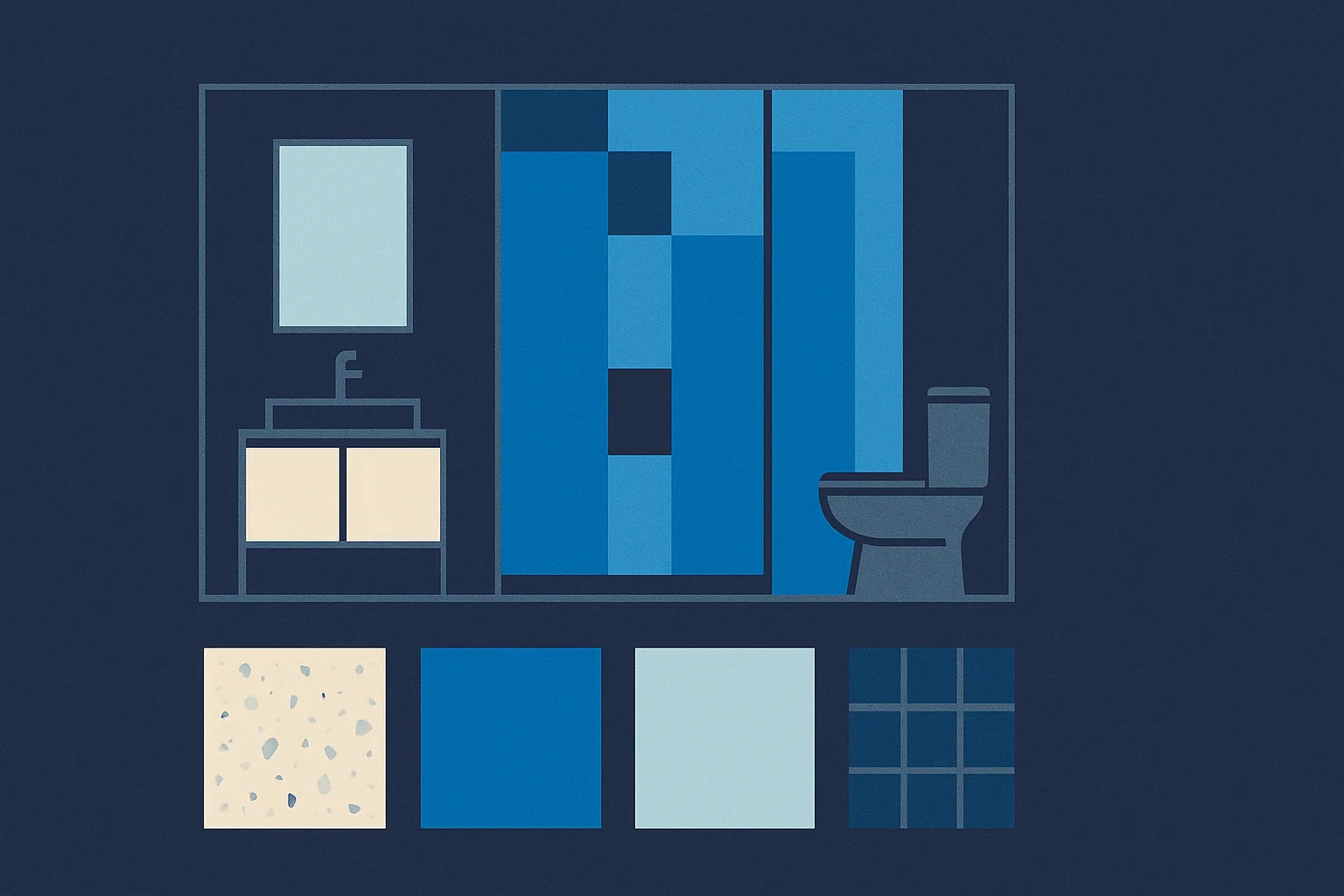 Illustration of a bathroom elevation with cost zones as blocks and material samples arranged below.