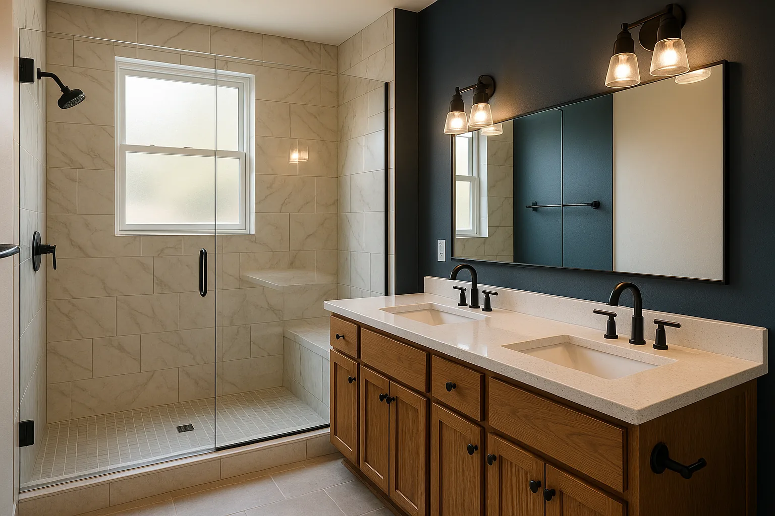 Modern remodeled bathroom with walk-in tile shower, glass panel, and double quartz vanity
