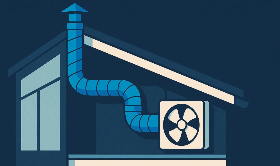 Illustration of an exhaust fan with insulated duct routed to an exterior termination through the roof.