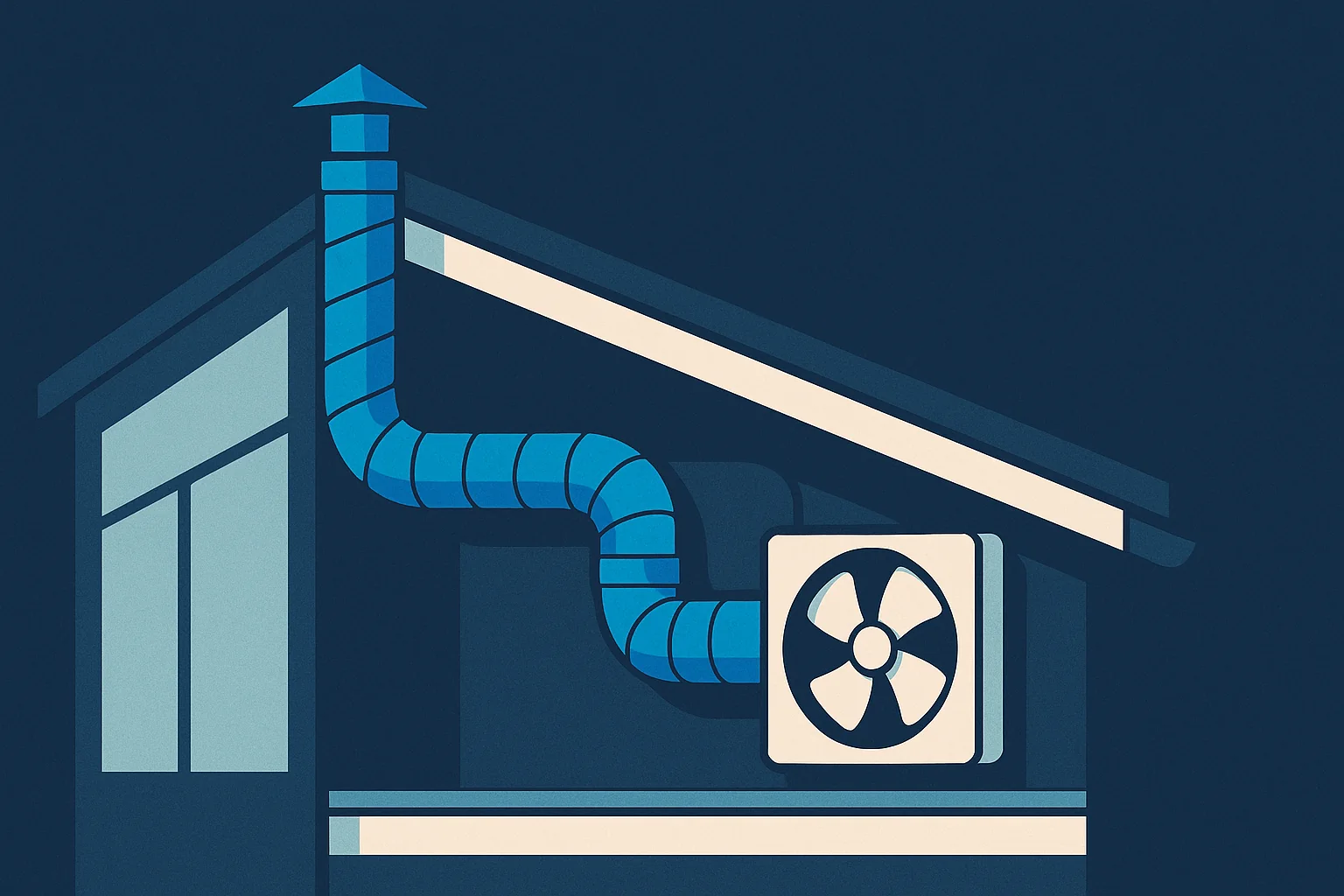 Illustration of an exhaust fan with insulated duct routed to an exterior termination through the roof.