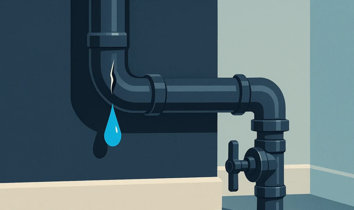 Illustration of an exposed supply pipe with a split seam and the main shutoff valve nearby.
