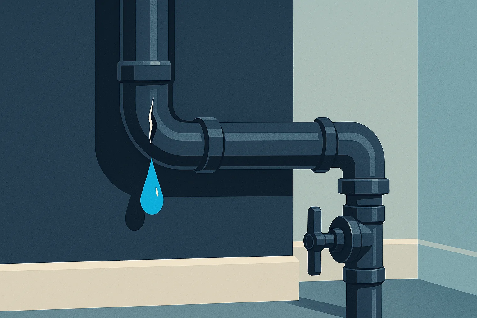 Illustration of an exposed supply pipe with a split seam and the main shutoff valve nearby.