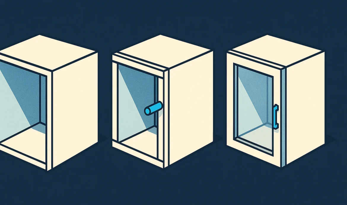Illustration of three cabinet boxes side by side with increasing joinery and hardware detail.